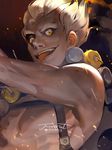  arm_tattoo bad_id bad_twitter_id bare_shoulders blonde_hair character_name cocashy explosive fang fiery_hair fire furrowed_eyebrows grenade harness junkrat_(overwatch) looking_at_viewer male_focus messy_hair open_mouth overwatch shirtless smoke solo strap tattoo teeth tongue tongue_out twitter_username upper_body yellow_eyes 