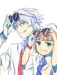  aki_komo blue_neckwear bracelet brown_hair eyewear_on_head green_hair grin himeno_kanon idolmaster idolmaster_side-m jewelry kizaki_ren looking_at_viewer male_focus multiple_boys necktie ponytail red_neckwear smile sunglasses upper_body white_hair 