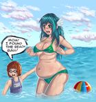 1girl beach belly bikini breasts green_hair kipteitei long_hair plump solo underwear 