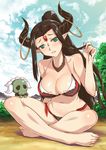 aokihoshi barefoot bikini breasts brown_hair cleavage cloud collar day feet forehead_jewel green_eyes head_tilt highres holding holding_hair horn_ring horns indian_style large_breasts long_hair navel parted_lips pointy_ears ponytail sidelocks sitting sky solo sweat swimsuit thunderbolt_fantasy toes very_long_hair wide_hips xing_hai 