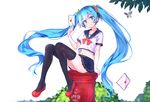  aqua_eyes blue_hair crop_top envelope flower hair_flower hair_ornament hatsune_miku japanese_cylindrical_postbox japanese_postal_mark long_hair looking_at_viewer md5_mismatch microskirt midriff n2co navel postbox_(outgoing_mail) red_footwear school_uniform shoes sitting skirt solo thighhighs twintails very_long_hair vocaloid 