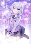  anastasia_(idolmaster) blue_eyes idolmaster idolmaster_cinderella_girls minamiya_mia school_uniform short_hair silver_hair sitting smile solo wariza 