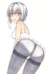  ass bent_over black_legwear blush highres looking_at_viewer looking_back ole_tower panties panties_over_pantyhose pantyhose red_eyes sariri_fudou short_hair silver_hair simple_background solo sweatdrop thighband_pantyhose underwear white_background white_panties 