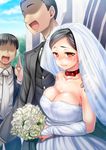  2boys bare_shoulders black_hair bouquet breasts bridal_gauntlets bridal_veil bride brown_eyes cleavage collar commentary_request dress elbow_gloves flower formal gloves hand_on_shoulder hijiri_tsukasa jewelry large_breasts multiple_boys necktie no_eyes open_mouth original ring rose smile solo_focus suit tears tuxedo veil wedding wedding_dress white_dress 
