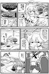  4koma animal_costume animal_ears bangs bare_shoulders bomb bunny_costume comic commentary_request elbow_gloves fleeing garter_straps gloves greyscale kantai_collection miniskirt mizuno_(okn66) monochrome multiple_girls running school_uniform serafuku shimakaze_(kantai_collection) skirt speech_bubble thought_bubble translated tree turtle_costume yuubari_(kantai_collection) 