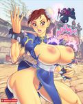  1girl areolae artist_name blush breasts breasts_out brown_eyes brown_hair chinese_clothes chun-li double_bun ear_studs huge_breasts lightning lips nipples open_mouth panties spiked_bracelet street_fighter supersatanson torn_clothes upskirt 