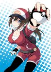  backpack bag baseball_cap belt black_gloves black_legwear blue_eyes blush breasts brown_hair cellphone cleavage commentary_request female_protagonist_(pokemon_go) fingerless_gloves gloves halftone halftone_background hat highres holding ijima_yuu large_breasts leggings long_hair looking_at_viewer phone poke_ball pokemon pokemon_go ponytail smile solo 