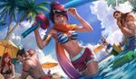  3girls adjusting_eyewear alternate_costume arm_tattoo armlet ashe_(league_of_legends) beach_umbrella beard bikini_top black_hair blue_eyes breasts brown_hair chengwei_pan cleavage darius_(league_of_legends) facial_hair fiora_laurent garen_crownguard inflatable_armbands katarina_du_couteau league_of_legends long_hair male_swimwear medium_breasts midriff multicolored_hair multiple_boys multiple_girls mustache nail_polish navel o-ring o-ring_top official_art palm_tree partially_submerged pink_nails pool pool_noodle pool_party_fiora red_hair scar scar_across_eye scarf short_hair short_ponytail shorts sitting spiked_hair standing sunglasses swim_trunks swimwear tattoo toy_sword tree tryndamere umbrella water white_hair 