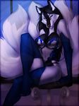  4_toes 5_tails anthro bare_shoulders black_hair black_nose blue_eyes breasts canine clothing female hair looking_at_viewer mammal multi_tail pale_eyes sitting solo toes vexstacy wide_hips 