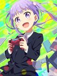  :d blush controller eyebrows eyebrows_visible_through_hair game_controller gamepad hair_ornament highres lavender_hair long_hair looking_at_viewer new_game! open_mouth playstation_controller purple_eyes school_uniform smile solo suzukaze_aoba tomato_(lsj44867) twintails 