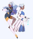  1girl blue_background bodysuit dark_skin dual_persona earrings facial_mark full_body high_ponytail highres hyakujuu-ou_golion jewelry pointy_ears ponytail princess_allura purple_hair short_hair simple_background solo twitter_username voltron:_legendary_defender 