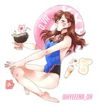  :3 adapted_costume animal_print bangs bare_shoulders barefoot blue_swimsuit bottle breasts brown_hair bunny_print casual_one-piece_swimsuit character_name coconut d.va_(overwatch) deary_me drinking_straw facepaint facial_mark fingernails flower from_side fruit_cup full_body groin halterneck hand_on_own_knee highres legs legs_together long_hair looking_at_viewer lotion medium_breasts one-piece_swimsuit orange_eyes outstretched_arms overwatch parted_lips simple_background sitting solo spill spilling sunscreen swimsuit turtleneck twitter_username whisker_markings white_background 