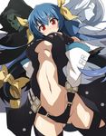  2girls :o ass_visible_through_thighs asymmetrical_wings black_panties blue_hair blush breasts dizzy eyebrows eyebrows_visible_through_hair from_below groin guilty_gear hair_ribbon highres large_breasts long_hair looking_down multiple_girls navel necro_(guilty_gear) nel-c o-ring o-ring_bottom o-ring_panties panties red_eyes ribbon simple_background twintails underboob underwear undine_(guilty_gear) white_background wings yellow_ribbon 