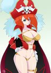  artist_name bad_source blue_eyes breasts falkeart fur_trim gloves hand_on_hip hat highres lalaco_godspeed large_breasts maebari mature navel pirate pirate_hat red_gloves red_hair self_upload solo uchuu_patrol_luluco white_gloves 