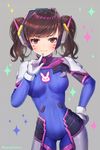  alternate_hairstyle antenna_hair artist_name blush bodysuit breasts brown_eyes brown_hair closed_mouth contrapposto cowboy_shot d.va_(overwatch) facepaint finger_to_mouth gloves grey_background hanato_(seonoaiko) hand_on_hip headgear legs_apart looking_at_viewer medium_breasts overwatch short_hair short_sleeves simple_background skin_tight smile solo sparkle standing turtleneck wavy_mouth whisker_markings white_gloves 