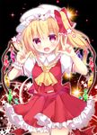  :d ascot blonde_hair blush double_v eyebrows eyebrows_visible_through_hair fang flandre_scarlet hat looking_at_viewer miniskirt open_mouth pink_eyes red_skirt rikatan short_hair side_ponytail skirt smile solo star touhou v wings 