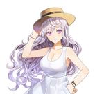  armpits bare_shoulders blush bracelet breasts brown_hat cleavage closed_mouth collarbone colored_eyelashes dress fedora hand_on_headwear hand_on_hip hat jewelry kim_eb large_breasts long_hair purple_eyes silver_hair simple_background sleeveless sleeveless_dress smile solo sundress upper_body very_long_hair white_background white_dress 
