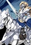 1girl armor artoria_pendragon_lancer_(fate/grand_order) fate/grand_order fate_(series) fur horse ishida_akira rhongomyniad riding saber solo spear 