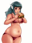  1girl animated animated_gif belly breasts fat green_hair hamburger kipteitei long_hair solo underwear weight_gain 