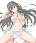  ame-rain bikini black_hair blush breasts cleavage front-tie_top hair_ornament hairclip haruna_(kantai_collection) highres kantai_collection large_breasts long_hair looking_at_viewer navel parted_lips sarong shiny shiny_skin sketch solo swimsuit undressing untied 