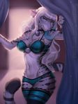  anthro bell breasts clothing collar detailed_background feline female hair leopard mammal midriff navel pink_nose slim smile solo standing underwear vexstacy white_hair wide_hips 