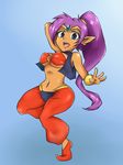  1girl arms_behind_back beruzumi-m blue_eyes blush breasts earrings eyeliner forehead_jewel jewelry large_breasts lips long_hair open_clothes open_mouth open_vest pointy_ears ponytail purple_hair shantae shantae_(character) shantae_and_the_pirate&#039;s_curse solo_focus spread_legs standing sweat tiara very_long_hair vest 