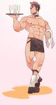  1boy abs alcohol apron bara black_hair full_body kinagase_tsumugu koryuu_(gackter10) male_focus multicolored_hair muscle nipples pecs red_hair solo 