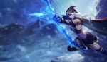  aiming arrow artist_request ashe_(league_of_legends) blue_eyes bow_(weapon) breasts cape drawing_bow dress gloves holding holding_arrow holding_bow_(weapon) holding_weapon hood large_breasts league_of_legends long_hair mountain official_art outstretched_arm short_dress sideboob snow solo thighhighs wallpaper weapon white_hair winter 