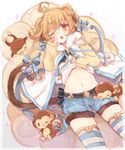  ;3 ahoge andira_(granblue_fantasy) animal_ears bell blonde_hair blue_ribbon blush cherry_blossoms cleavage_cutout cloud cowboy_shot erune from_above fur_trim granblue_fantasy hairband jingle_bell long_sleeves looking_at_viewer lying monkey monkey_ears monkey_tail on_back red_eyes ribbon riruno shorts sleepy solo striped striped_legwear tail tail_bell tail_ribbon thighhighs 