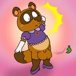  animal_crossing anthro balls big_balls blush bottomless brown_fur clothed clothing crossdressing embarrassed exposed fur leaf male mammal nintendo nishi penis pink_background shocked simple_background slightly_chubby solo tanuki tom_nook_(animal_crossing) video_games 