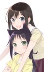  ayakashiko black_hair blue_eyes brown_hair chin_rest crossed_arms eyebrows eyebrows_visible_through_hair green_eyes head_on_head hijiki_(hijikini) hood hoodie long_hair looking_at_viewer miyatsuka_mahoro multiple_girls nene_(ayakashiko) open_mouth school_uniform short_sleeves simple_background tied_hair upper_body wavy_mouth white_background zipper 