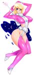  barbie_(character) barbie_(franchise) belt blonde_hair blue_eyes breasts full_body highres impossible_clothes large_breasts looking_at_viewer slugbox smile solo space_helmet spacesuit thighhighs 