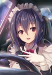  :d apron black_dress blue_hair blush car car_interior city_lights close-up collared_shirt dress driver fukai_ryousuke gloves ground_vehicle hair_between_eyes hand_on_own_chest harness kuroki_(fukai_ryousuke) lamp lamppost long_sleeves looking_at_viewer maid maid_headdress motor_vehicle open_mouth original purple_hair red_eyes red_ribbon ribbon right-hand_drive round_teeth seat seatbelt shirt short_hair signature smile solo steering_wheel teeth tsurime upper_body white_gloves 