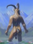  2016 anthro anus athletic balls big_penis butt caprine chunie detailed_background digital_media_(artwork) dripping flaccid fur glans goat hi_res horn humanoid_penis ibex lake male mammal mountain nude outside partially_retracted_foreskin partially_submerged penis rear_view sky solo standing uncut water wet wet_fur 