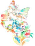  blue_eyes chinese_lantern_(plant) hair_ribbon hat japanese_clothes kariginu legomaru mononobe_no_futo ponytail ribbon solo surreal tate_eboshi touhou traditional_media watercolor_(medium) white_hair wide_sleeves 