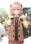  astolfo_(fate) bag black_bow black_jacket blush bow braid brown_coat coat coffee coffee_cup commentary_request cup disposable_cup fang fate/apocrypha fate_(series) fur_coat fur_trim hair_intakes highres hippogriff jacket kusumoto_touka long_braid looking_at_viewer male_focus messenger_bag multicolored_hair open_mouth pink_hair purple_eyes red_bow red_skirt shirt shoulder_bag single_braid skirt solo streaked_hair trap white_shirt 
