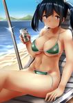  bare_shoulders beach beer_can bikini blue_hair blush breasts can collarbone day hair_ribbon holding holding_can kantai_collection kashiwamochi_(kashiwakashiwa) large_breasts looking_at_viewer navel outdoors ribbon sand sitting smile solo souryuu_(kantai_collection) sparkle sweat swimsuit twintails water 