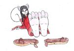  3_toes barefoot better_version_at_source black_hair buckteeth clothing fluffy fluffy_tail foot_fetish foot_focus footwear fur hair long_hair mammal mintymousyx_(artist) mouse robe rodent sandals soles teeth toes white_fur 