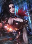  artist_name black_gloves black_hair blade_&amp;_soul breasts cleavage gloves highres large_breasts long_hair mole navel ran_yu_(blade_and_soul) red_eyes rena_illusion solo 
