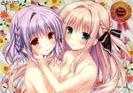  1girl asuka_minato blush braid breasts cropped green_eyes hand_on_another's_cheek hand_on_another's_face hands_together hetero highres lavender_hair light_brown_hair looking_at_viewer medium_breasts nude otoko_no_ko otome_domain parted_lips purple_hair red_eyes saionji_kazari sayori scan side_braid upper_body 