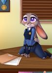  2016 anthro badge blush claws clothing desk disney english_text female folder judy_hopps kneeling lagomorph mammal medal navel paper patreon purple_eyes rabbit rika smile solo spread_legs spreading text uniform url zootopia 