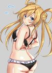  abukuma_(kantai_collection) adjusting_clothes ass bare_arms bare_shoulders black_bra black_panties blonde_hair blue_eyes bra chan_(akuty_ikkot) colored_eyelashes from_behind hair_between_eyes hair_rings highres kantai_collection looking_at_viewer panties smile solo thighs twintails underwear 