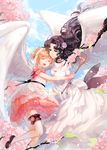  absurdres black_hair brown_hair cardcaptor_sakura cherry_blossoms closed_eyes dress feathered_wings gloves gown green_eyes hairband happy highres hoshi_no_tsue kinomoto_nadeshiko kinomoto_sakura kotoba_(610430468) lace long_hair mother_and_daughter multiple_girls open_mouth petticoat pink_gloves short_hair smile thigh_strap two_side_up very_long_hair wand wavy_hair white_dress white_wings wings 