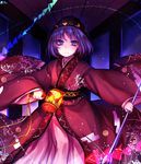  :| bowl bowl_hat closed_mouth floral_print hallway hat highres holding_needle indoors japanese_clothes kimono long_sleeves looking_at_viewer miracle_mallet needle obi object_on_head purple_eyes purple_hair sash shan short_hair solo sukuna_shinmyoumaru touhou v-shaped_eyebrows wide_sleeves 