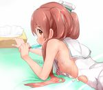  bare_shoulders blush boruhis breasts brown_eyes brown_hair dress food hair_ribbon hat kantai_collection libeccio_(kantai_collection) long_hair looking_at_viewer lying no_bra on_stomach popsicle ribbon sailor_dress small_breasts solo tissue_box twintails 