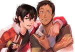  arm_around_shoulder black_gloves black_hair blue_eyes brown_hair crossed_arms dark_skin dark_skinned_male fingerless_gloves gloves grey_eyes grin hyakujuu-ou_golion jacket keith_(voltron) lance_(voltron) magatsumagic male_focus multiple_boys open_clothes open_jacket open_mouth parted_lips pointing realistic sanpaku smile v voltron:_legendary_defender 