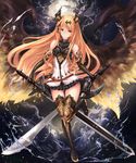  &gt;:) angel_wings ass_visible_through_thighs bare_shoulders black_footwear black_gloves black_legwear black_skirt black_wings blonde_hair boots breasts commentary_request controller dark_angel_olivia dress dual_wielding elbow_gloves fallen_angel full_body gloves golden_wings gradient_wings granblue_fantasy hair_ornament holding horns knee_boots long_hair looking_at_viewer medium_breasts microskirt multicolored multicolored_wings pleated_skirt red_eyes shingeki_no_bahamut short_dress skirt smile solo sword thighhighs unsheathed untsue v-shaped_eyebrows very_long_hair water weapon white_dress wings zettai_ryouiki 