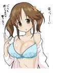  bare_shoulders bra breasts brown_eyes brown_hair fanning_face hair_ornament idolmaster idolmaster_cinderella_girls large_breasts long_hair looking_at_viewer open_mouth petsuo_(penpen) solo sweat totoki_airi translated twintails underwear undressing 