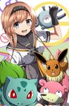  ^_^ absurdres black_gloves braid brown_hair bulbasaur closed_eyes crossover drooling eevee fang fangs gen_1_pokemon gloves grey_eyes hair_ornament hairband highres kantai_collection magnemite masa_masa pink_eyes pokemon pokemon_(creature) pokemon_go red_eyes school_uniform serafuku slowpoke teruzuki_(kantai_collection) twin_braids 