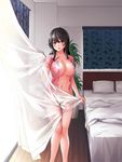  bed bedroom black_hair blush breasts brown_eyes cameltoe cleavage covered_nipples curtains huge_breasts indoors legs long_hair looking_at_viewer open_clothes open_shirt original pillow shikishiro_konomi shirt smile solo thighs 